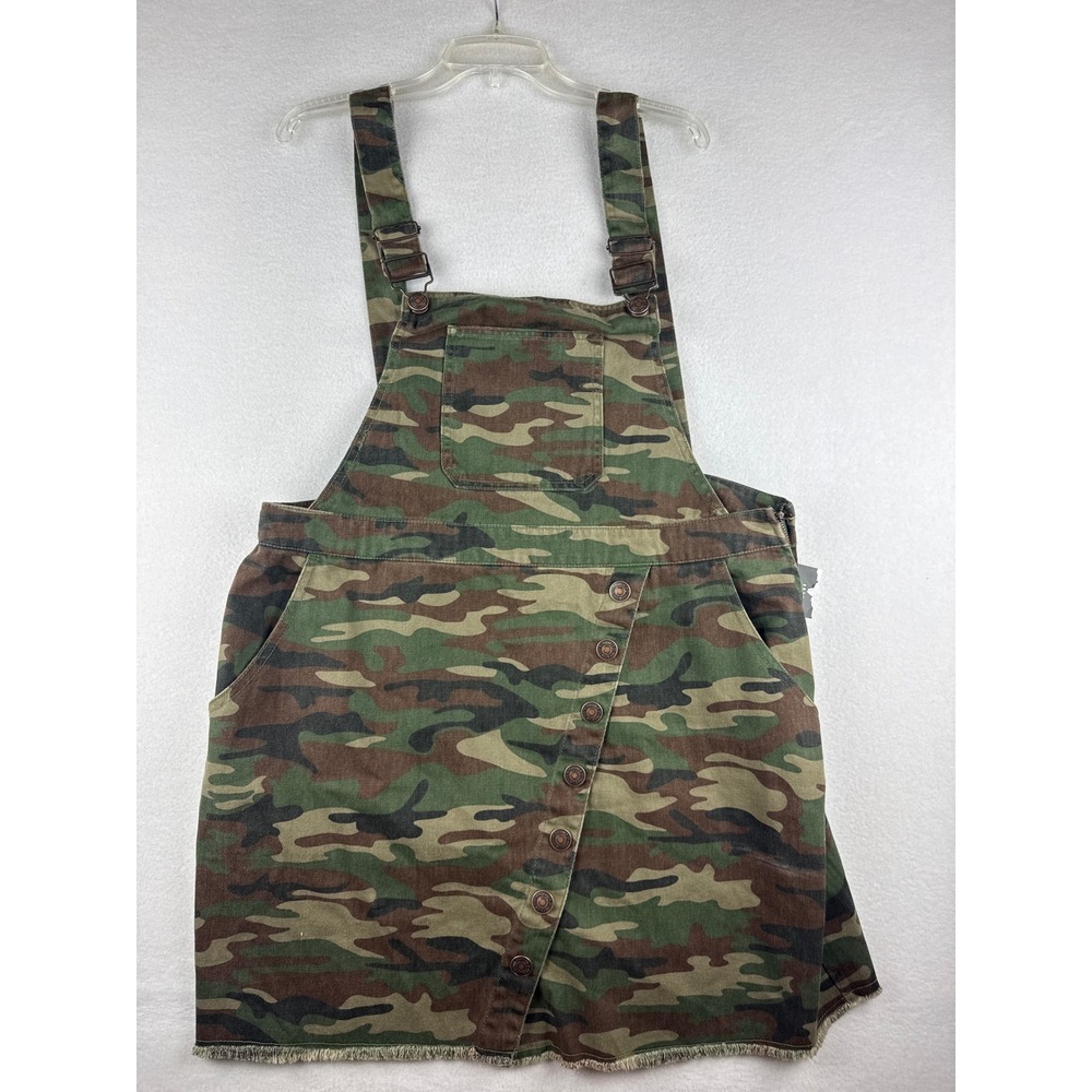 Forever 21 Plus Camo Overall Skirt Womens 2X Camouflage Denim Pinafore Frayed